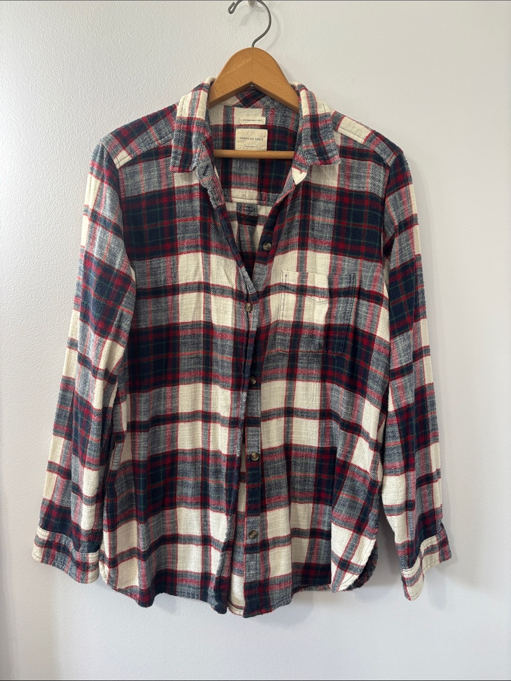 American Eagle Outfitters Cream, Red & Dark Green Plaid Button-Down Shirt